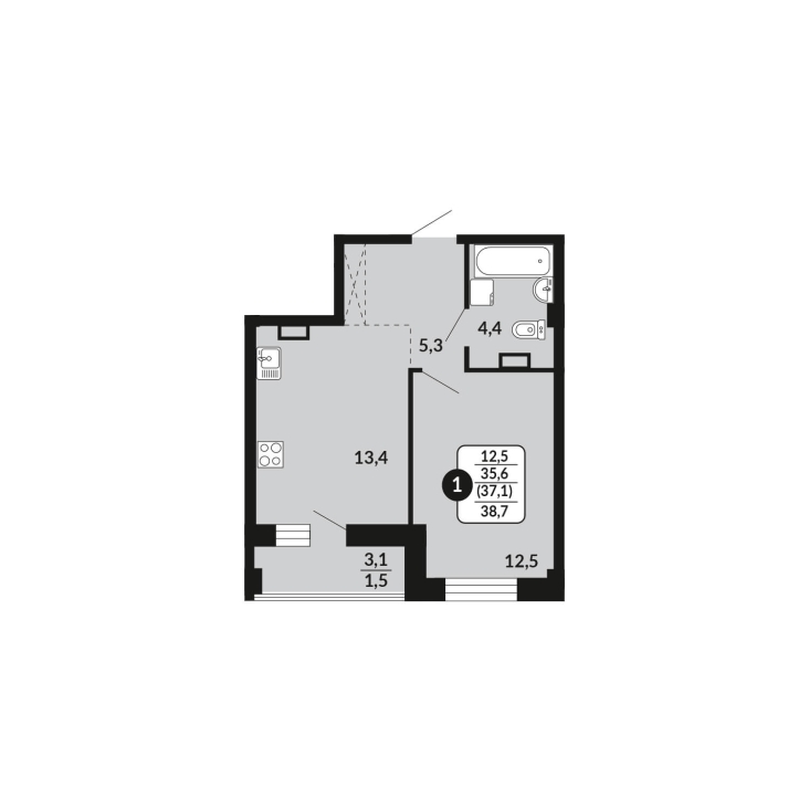 1-комнатная, 37.1 м², жилая: 35.6 м², кухня: 13.4 м²