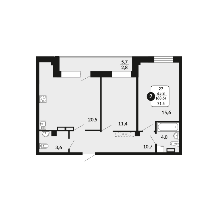 2-комнатная, 68.6 м², жилая: 65.8 м², кухня: 20.5 м²
