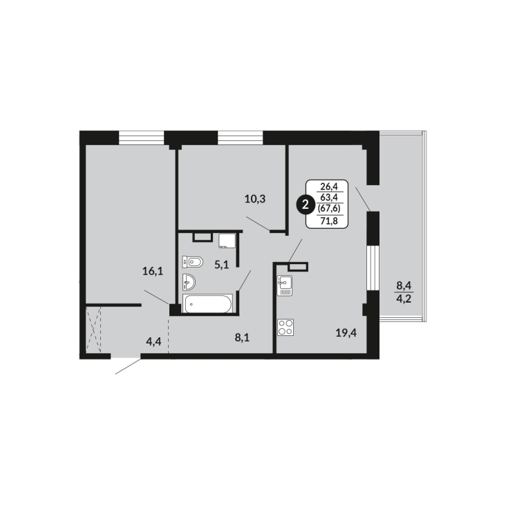 2-комнатная, 67.6 м², жилая: 63.4 м², кухня: 19.4 м²