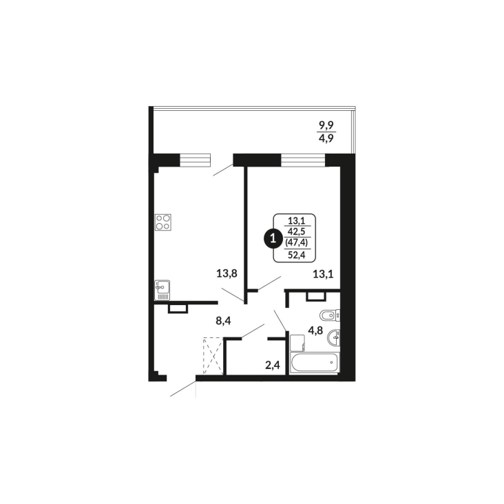 1-комнатная, 47.4 м², жилая: 42.5 м², кухня: 13.8 м²
