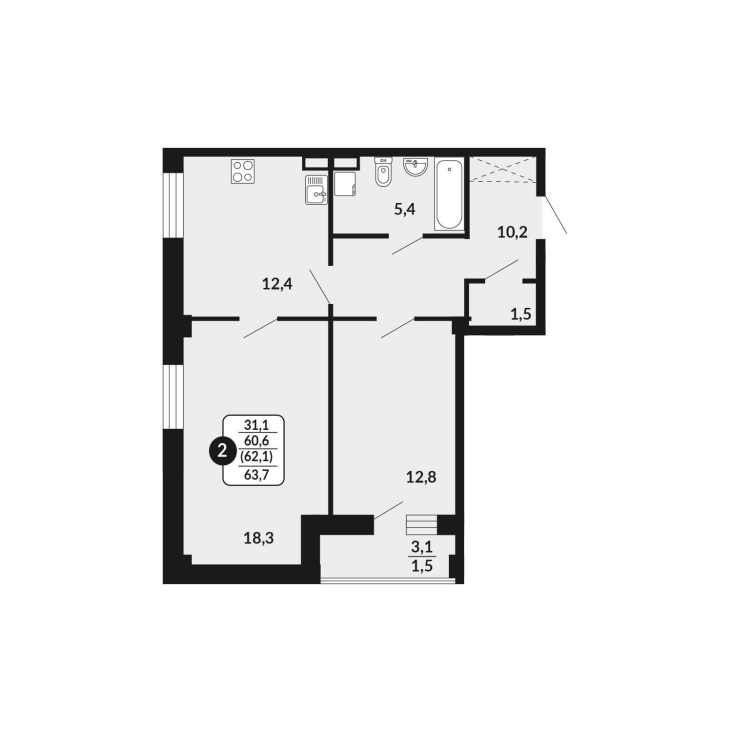 2-комнатная, 62.1 м², жилая: 60.6 м², кухня: 12.4 м²