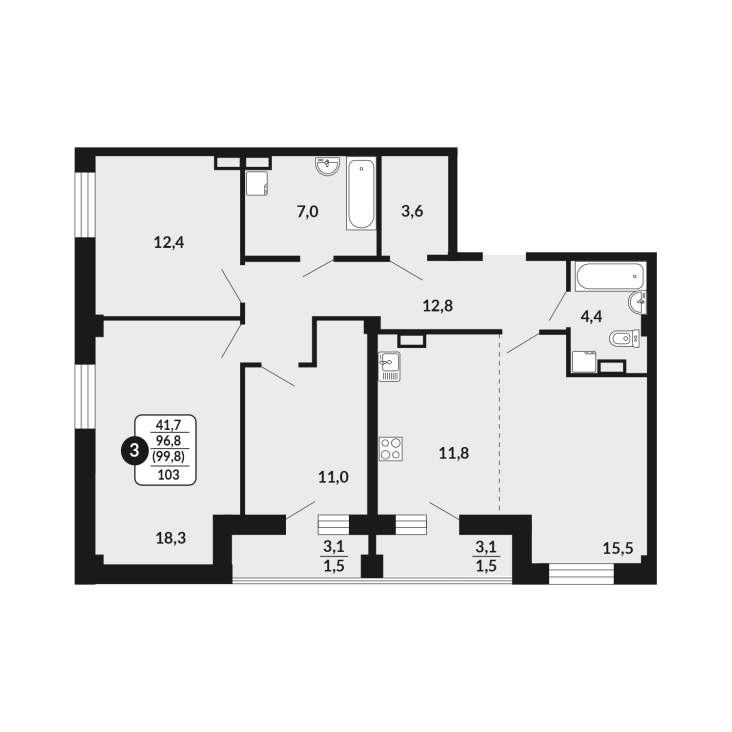 3-комнатная, 99.8 м², жилая: 96.8 м², кухня: 11.8 м²