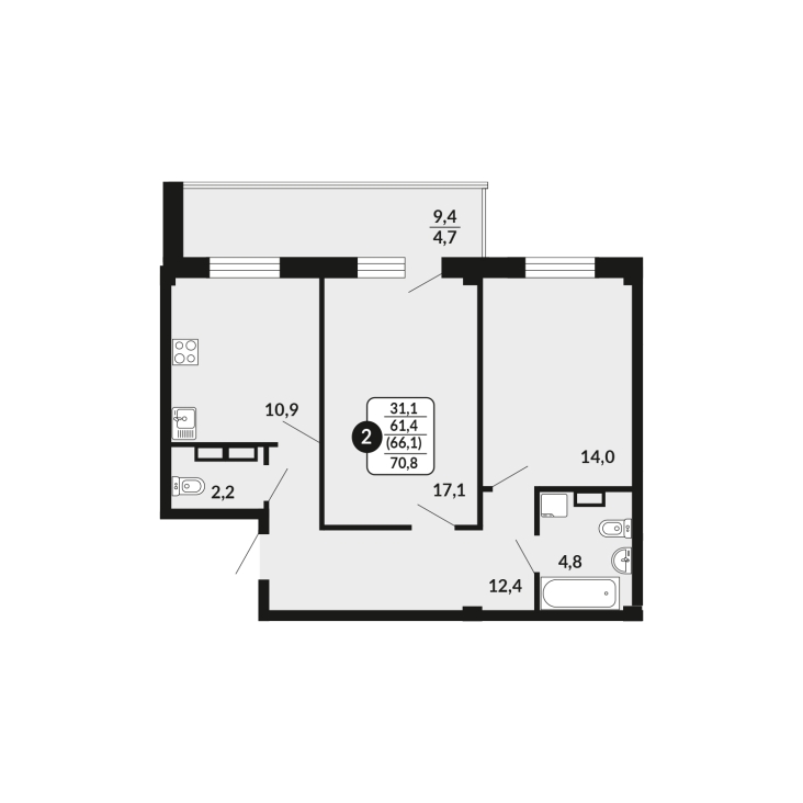 2-комнатная, 66.1 м², жилая: 61.4 м², кухня: 10.9 м²