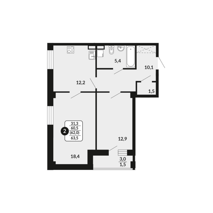 2-комнатная, 62 м², жилая: 60.5 м², кухня: 12.2 м²