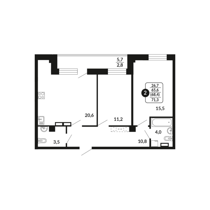 2-комнатная, 68.4 м², жилая: 65.6 м², кухня: 20.6 м²