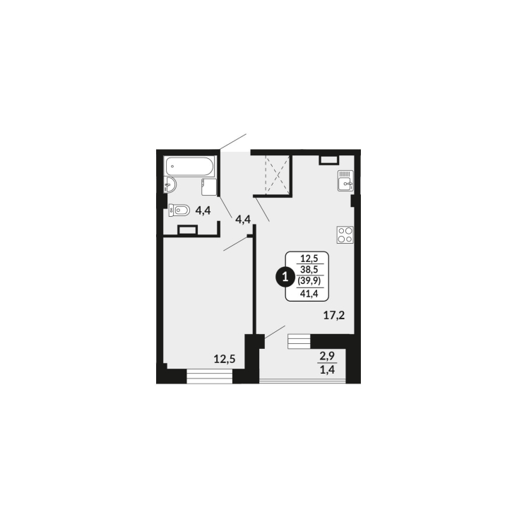 1-комнатная, 39.9 м², жилая: 38.5 м², кухня: 17.2 м²
