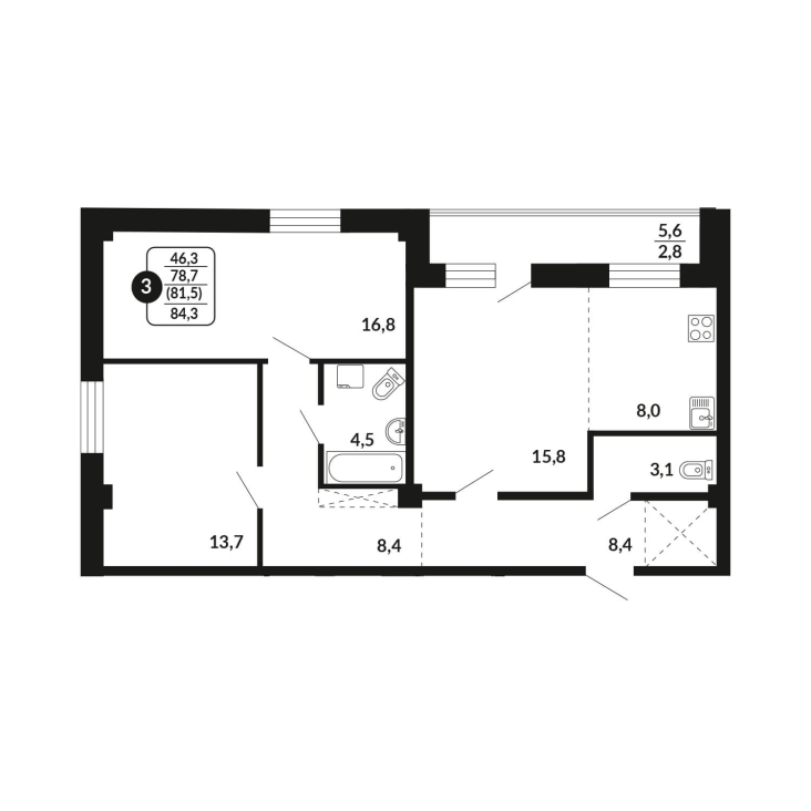 3-комнатная, 81.5 м², жилая: 78.7 м², кухня: 8 м²
