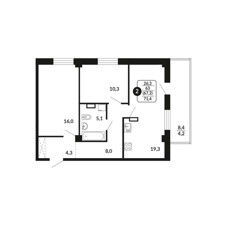 2-комнатная, 67.2 м², жилая: 63 м², кухня: 19.3 м²