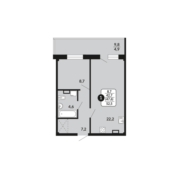 1-комнатная, 47.6 м², жилая: 42.7 м², кухня: 22.2 м²