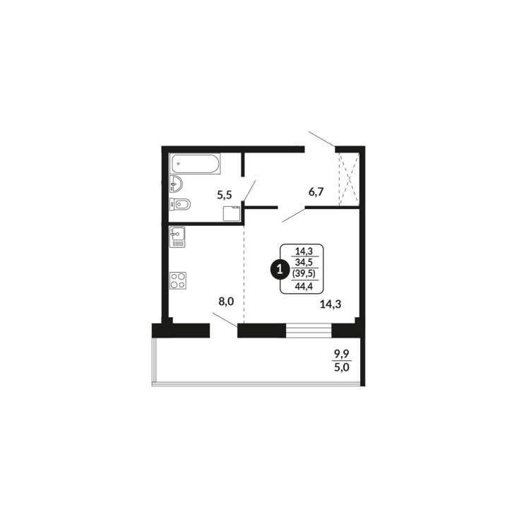 1-комнатная, 39.5 м², жилая: 34.5 м², кухня: 8 м²
