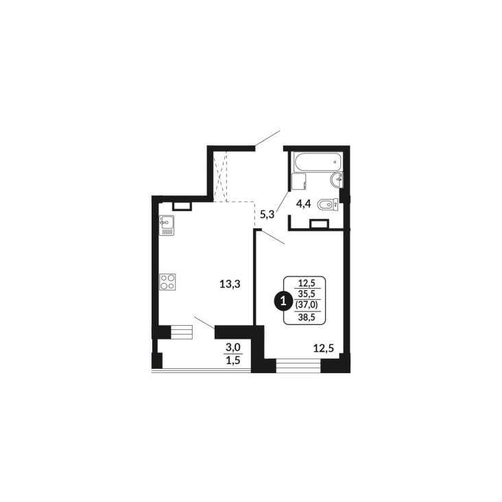 1-комнатная, 37 м², жилая: 35.5 м², кухня: 13.3 м²