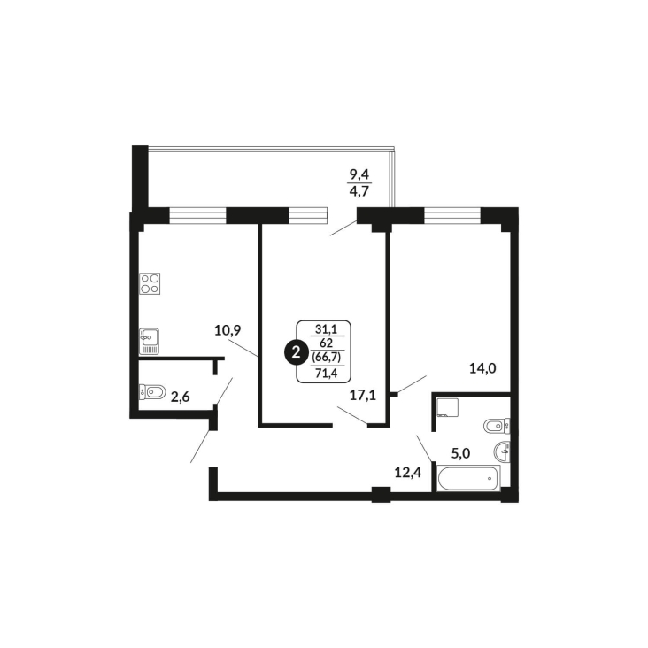 2-комнатная, 66.7 м², жилая: 62 м², кухня: 10.9 м²