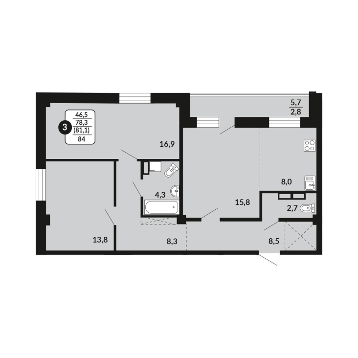 3-комнатная, 81.1 м², жилая: 78.3 м², кухня: 8 м²
