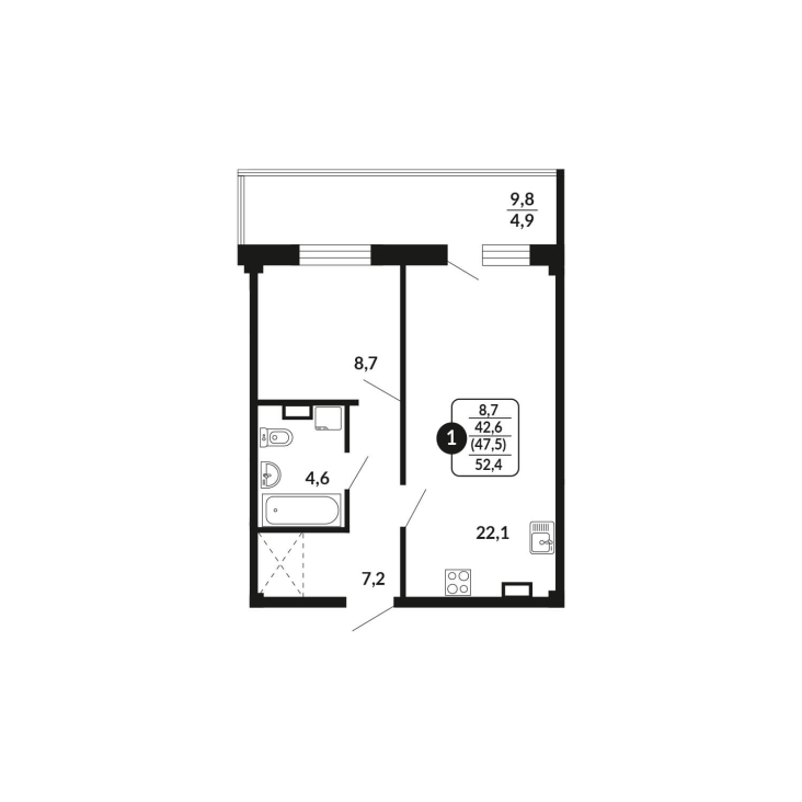 1-комнатная, 47.5 м², жилая: 42.6 м², кухня: 22.1 м²