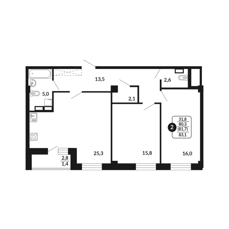 2-комнатная, 81.7 м², жилая: 80.3 м², кухня: 25.3 м²