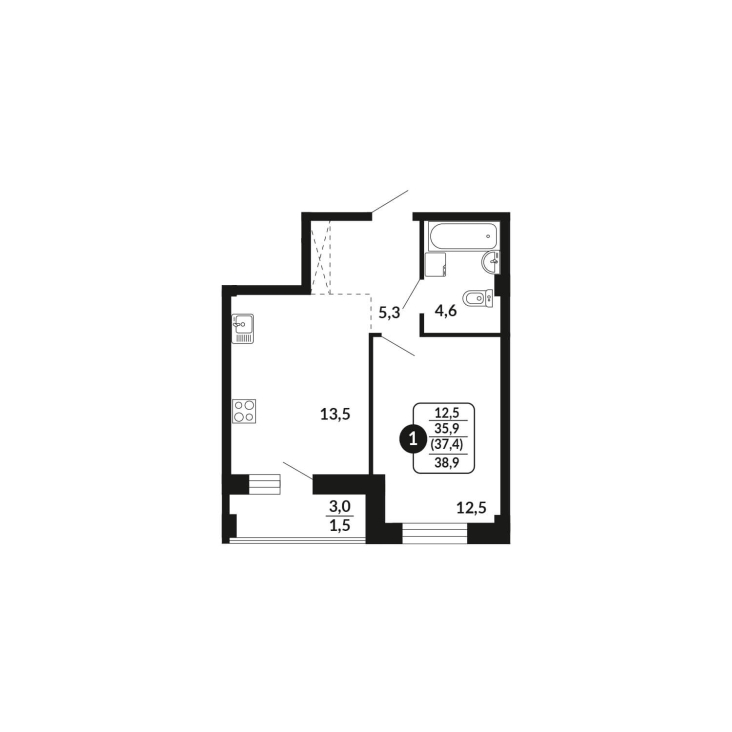 1-комнатная, 37.4 м², жилая: 35.9 м², кухня: 13.5 м²