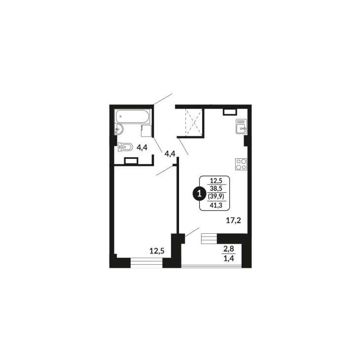 1-комнатная, 39.9 м², жилая: 38.5 м², кухня: 17.2 м²