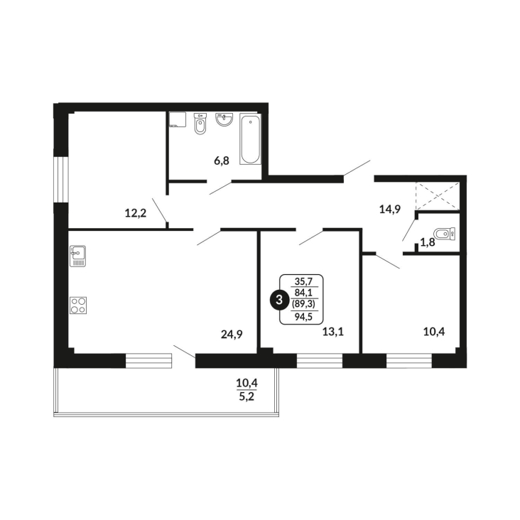 3-комнатная, 89.3 м², жилая: 84.1 м², кухня: 24.9 м²