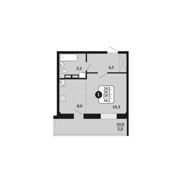 1-комнатная, 39.1 м², жилая: 34.1 м², кухня: 8 м²