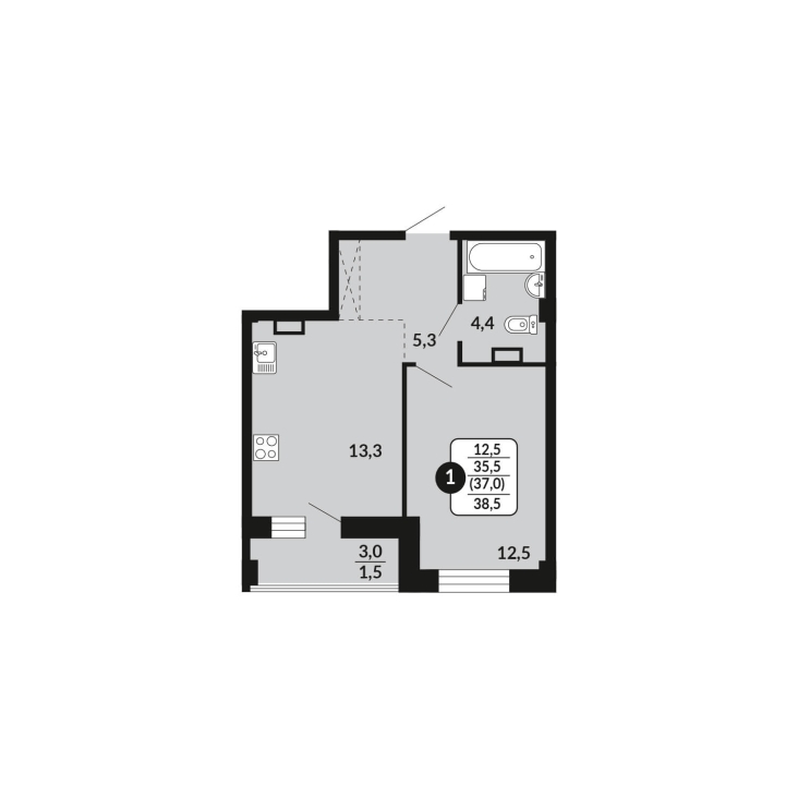 1-комнатная, 37 м², жилая: 35.5 м², кухня: 13.3 м²