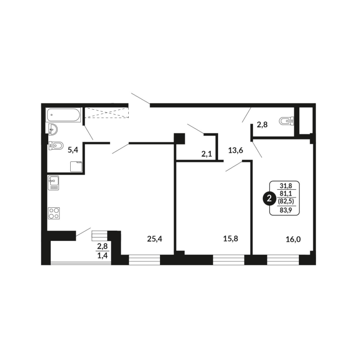 2-комнатная, 82.5 м², жилая: 81.1 м², кухня: 25.4 м²