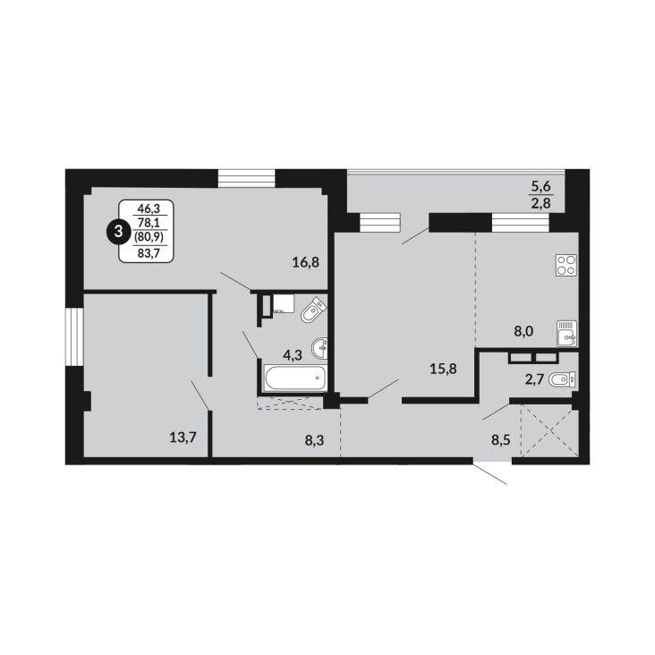 3-комнатная, 80.9 м², жилая: 78.1 м², кухня: 8 м²