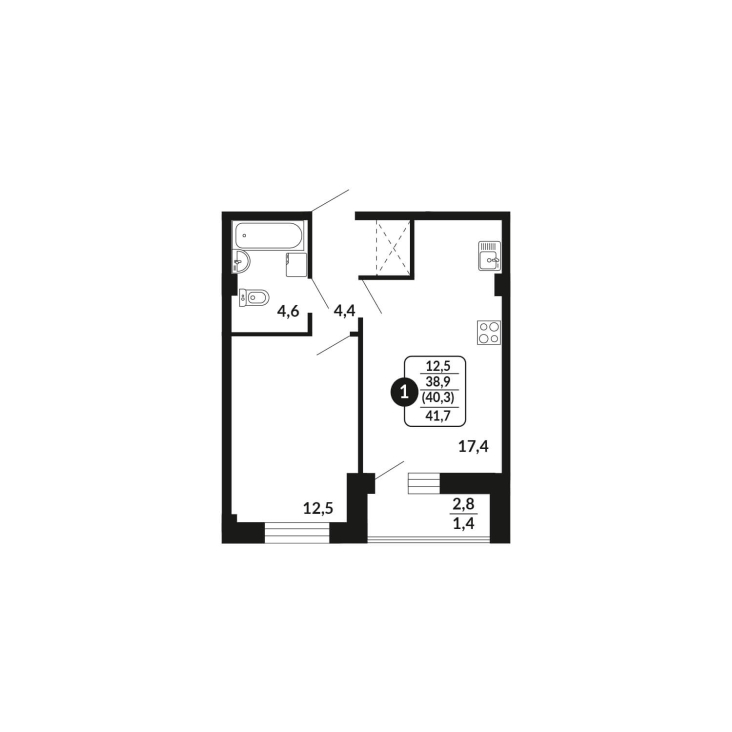 1-комнатная, 40.3 м², жилая: 38.9 м², кухня: 17.4 м²