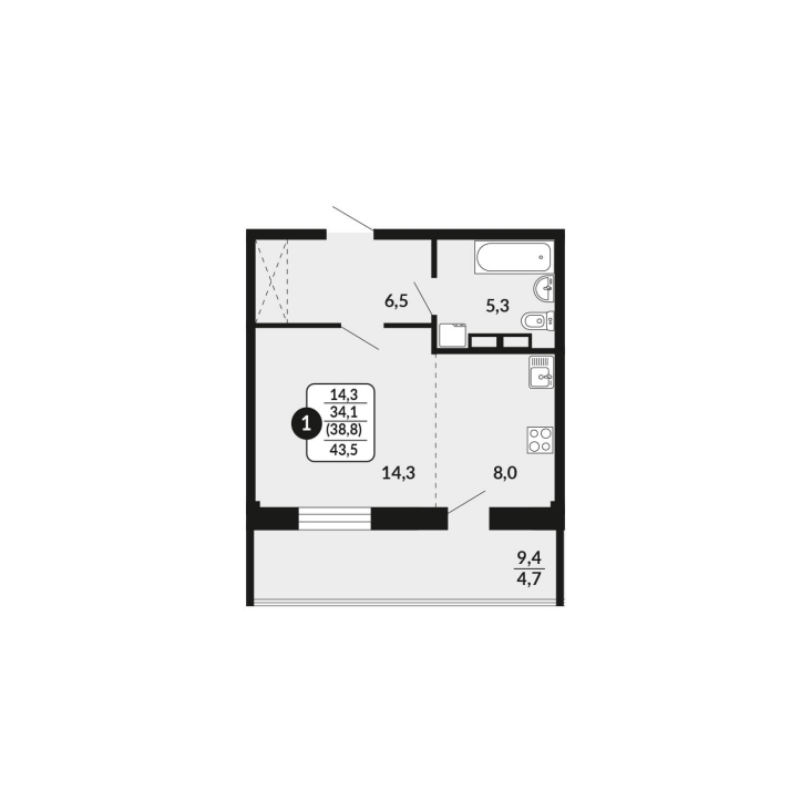 1-комнатная, 38.8 м², жилая: 34.1 м², кухня: 8 м²