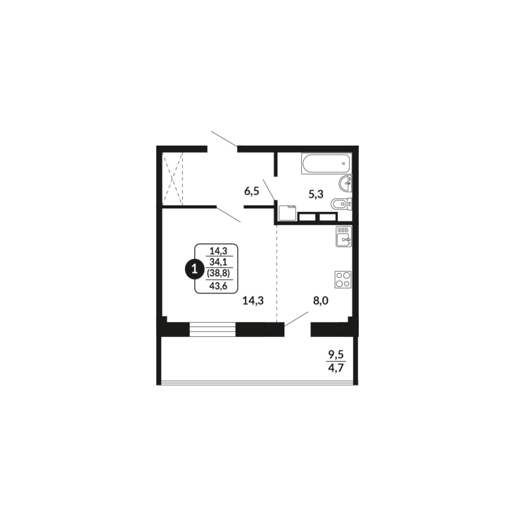 1-комнатная, 38.8 м², жилая: 34.1 м², кухня: 8 м²