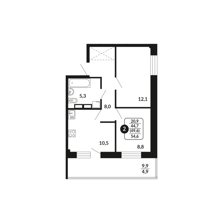 2-комнатная, 49.6 м², жилая: 44.7 м², кухня: 10.5 м²
