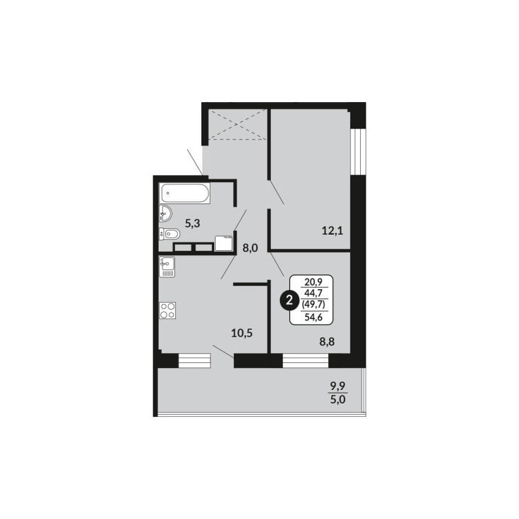 2-комнатная, 49.7 м², жилая: 44.7 м², кухня: 10.5 м²
