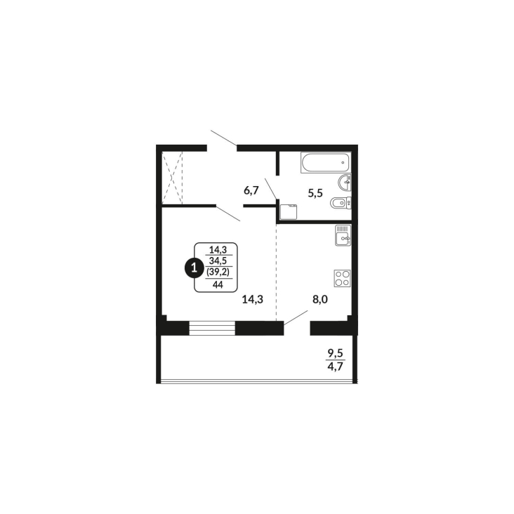 1-комнатная, 39.2 м², жилая: 34.5 м², кухня: 8 м²