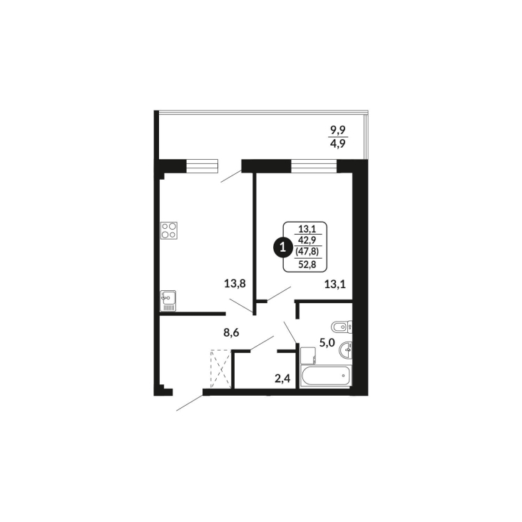 1-комнатная, 47.8 м², жилая: 42.9 м², кухня: 13.8 м²