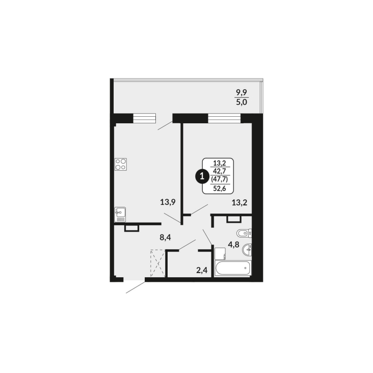 1-комнатная, 47.7 м², жилая: 42.7 м², кухня: 13.9 м²