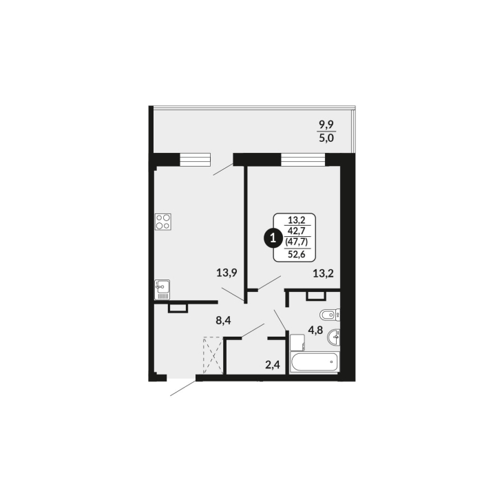 1-комнатная, 47.7 м², жилая: 42.7 м², кухня: 13.9 м²
