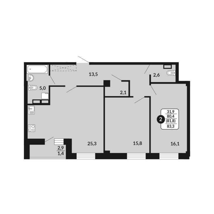 2-комнатная, 81.8 м², жилая: 80.4 м², кухня: 25.3 м²