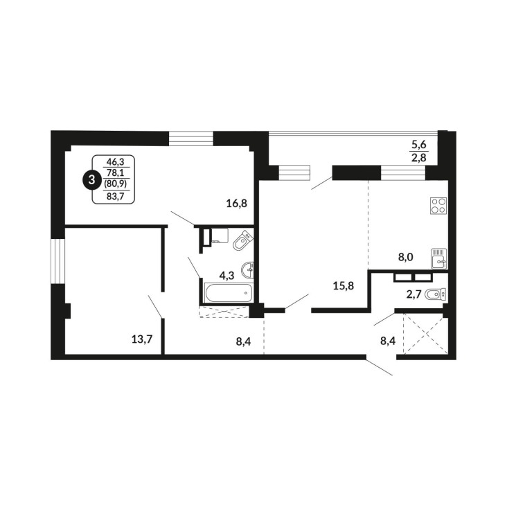3-комнатная, 80.9 м², жилая: 78.1 м², кухня: 8 м²